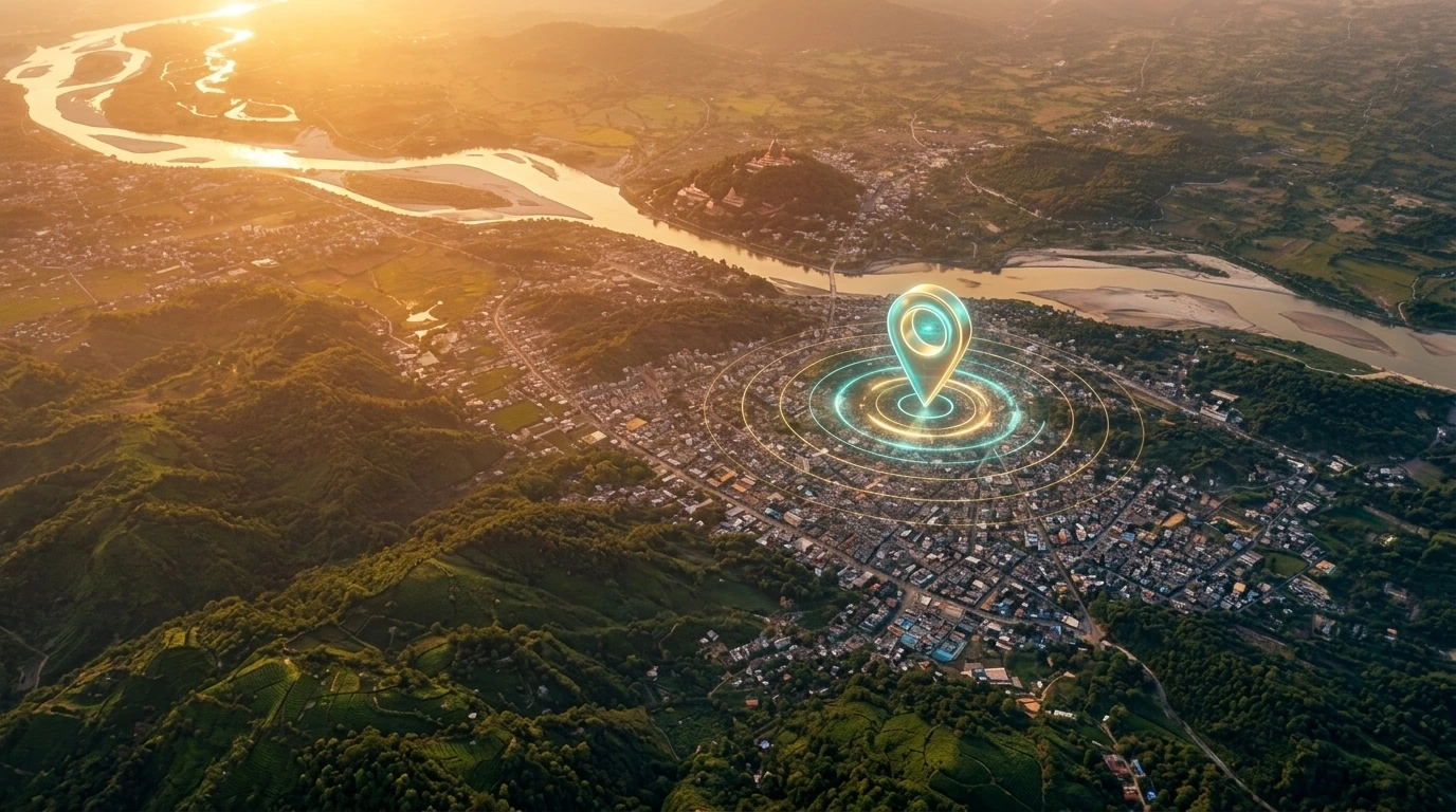 Photorealistic 3D Aerial Panorama of Guwahati and Brahmaputra River with Medinova Center Location Beacon